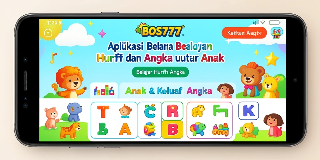 Tampilan antarmuka BOS777 menampilkan permainan belajar huruf dan angka yang interaktif.