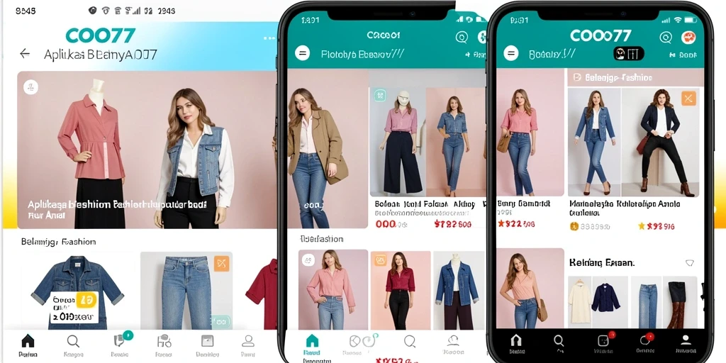 Tampilan antarmuka aplikasi Fashion COO77 yang modern dan interaktif.