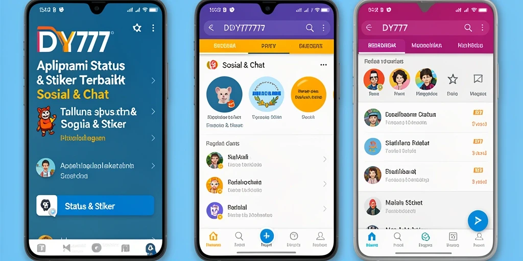 Antarmuka DY777 dengan koleksi stiker menarik dan status yang dapat disesuaikan.